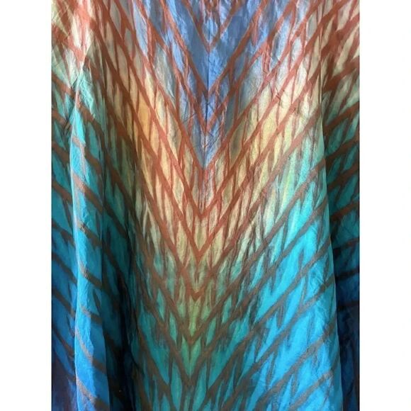 Cathayana Shibori Silk Poncho in Blue Turquoise Green Yellow and Browns - Picture 7 of 8